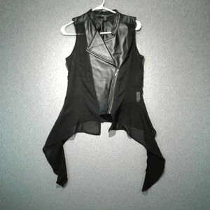 Black Sleeveless Sheer Vegan Faux Leather Moto  Vest with Tails Size M